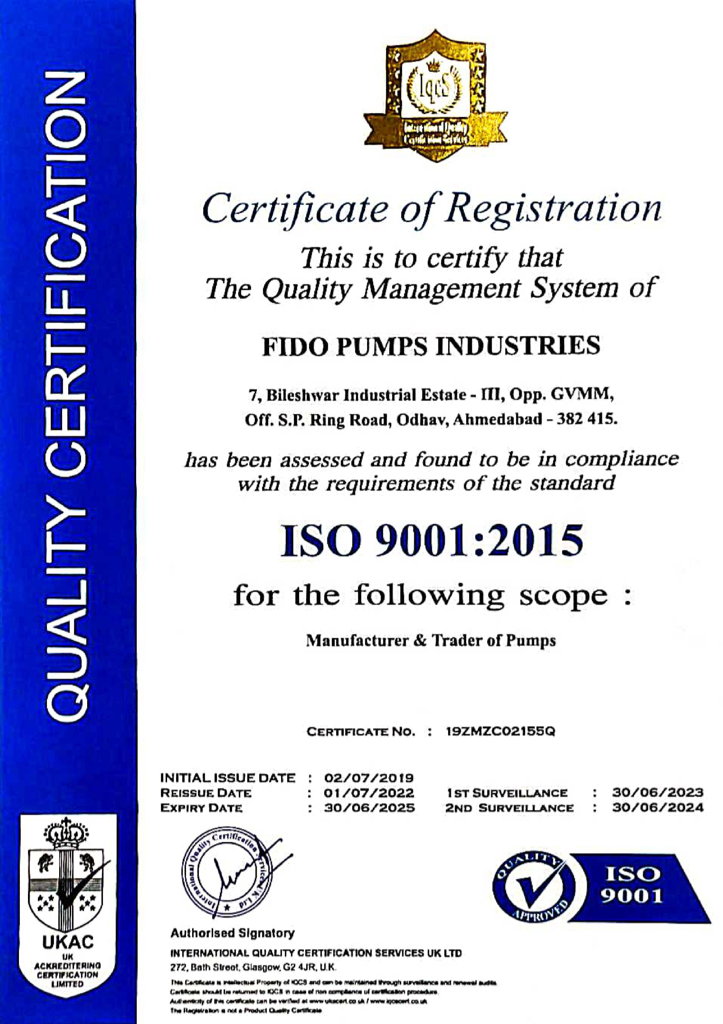 Certificate of Registration ( Fido pumps )